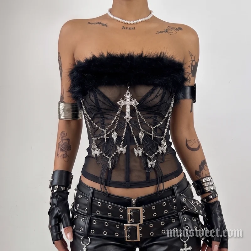 Pluche vlinderborduurwerk metalen ketting tube top