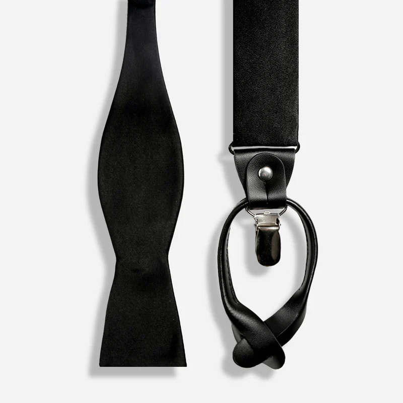 Solid Satin Black Bow Tie Set