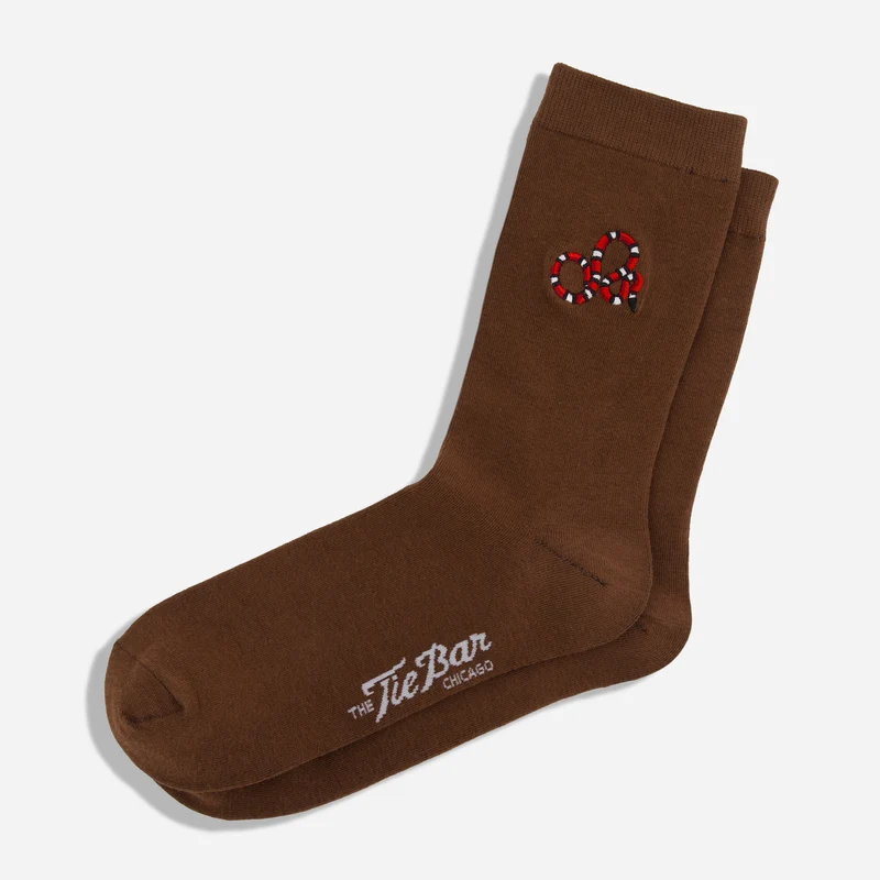 Snake Embroidered Brown Dress Socks