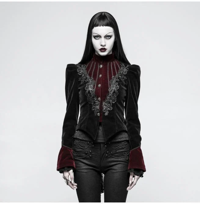 Gothic fluwelen damesjassen met opstaande kraag en gevorkte staart