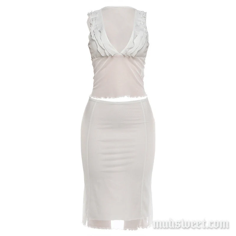 Mouwloze midi-rok met V-hals en mesh-details, zonder mouwen, effen kleur.