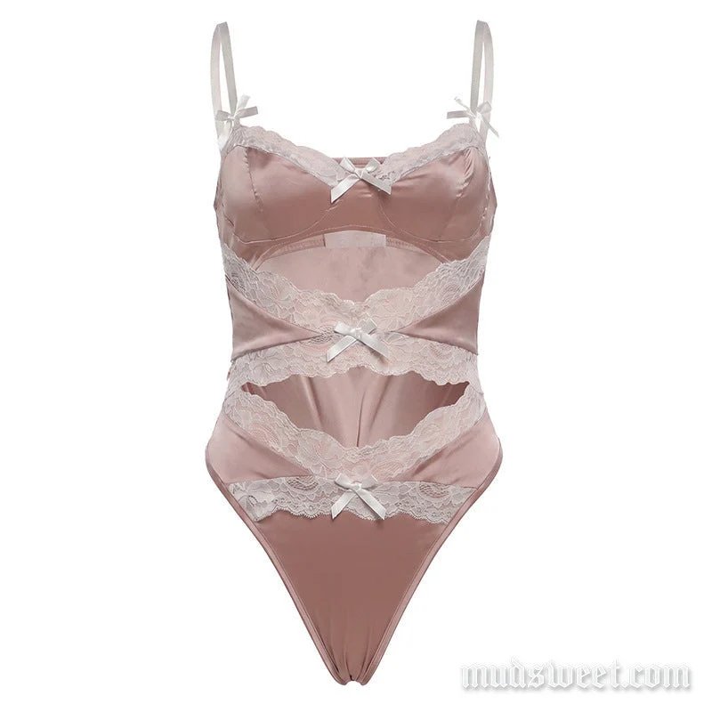 Fairycore bodysuit met strik en kanten V-hals.