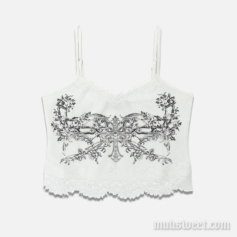 Fairycore lace hem backless cami crop top