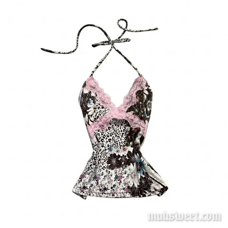 Fairycore top met kanten zoom en strikbandjes, bloemenprint