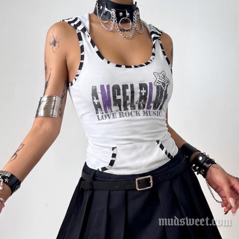 Grunge hoodie letter pocket u neck top