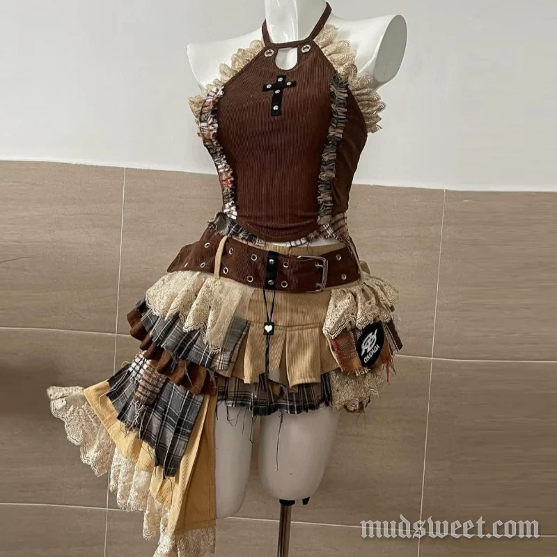 Fairycore minirokje met kanten zoom en ruitjespatroon