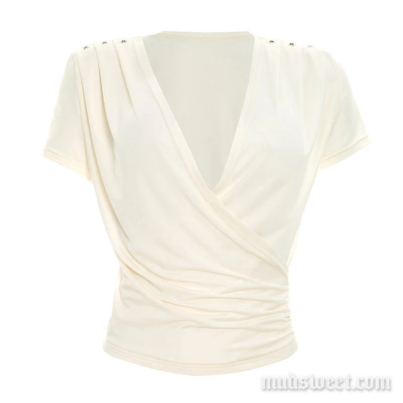 Grunge top met korte mouwen, V-hals en plooien