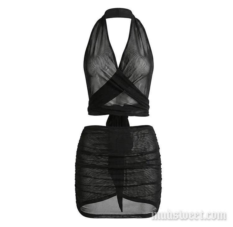 Goth halter mesh backless mini skirt set