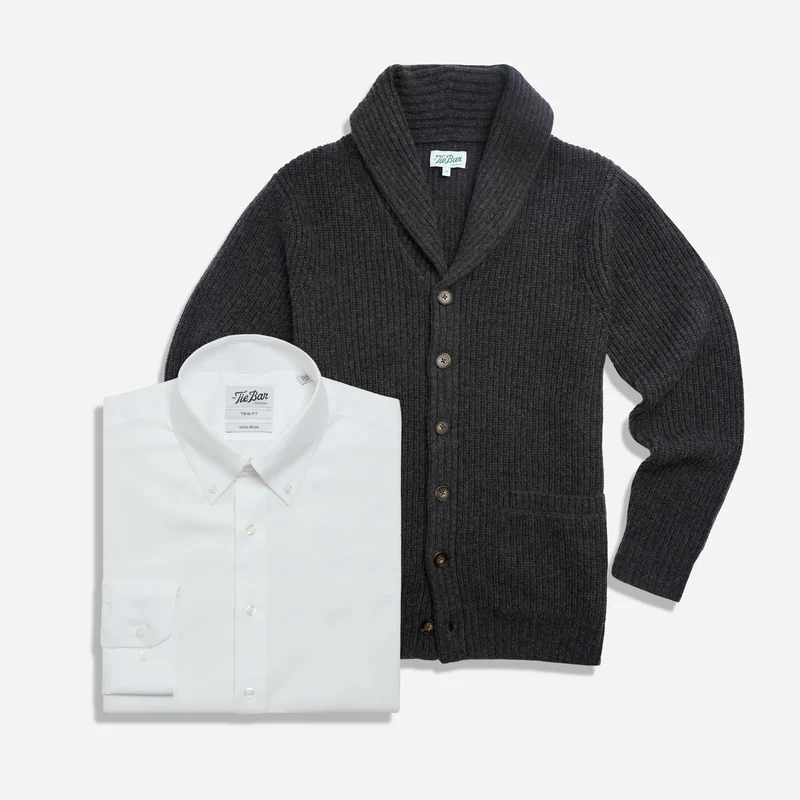 The Merino Heritage Shawl Graphite Sweater and Dress Shirt Set