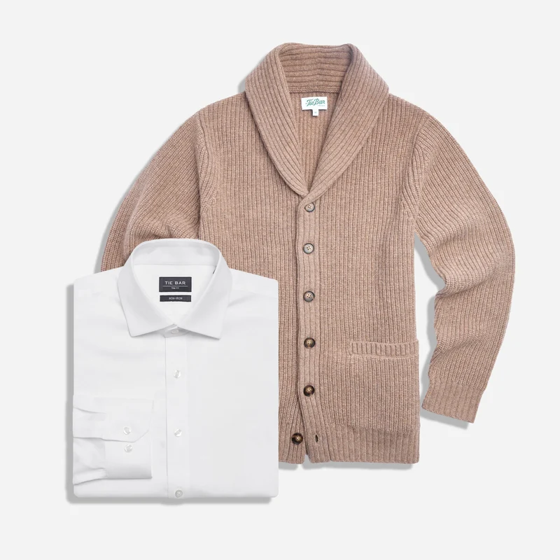 The Merino Heritage Shawl Nutmeg Sweater and Dress Shirt Set