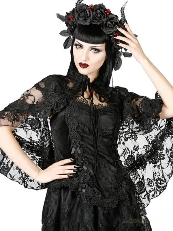 Sinister Dark Flower Cape - Elegant Lace Overlay, One Size, Ideal For Any Occasion