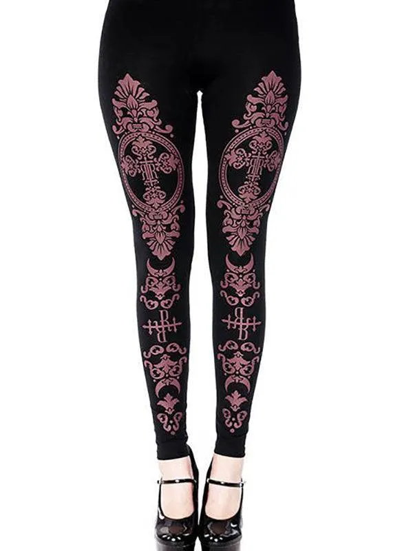 Bordeaux Monogram Gothic Leggings by Restyle - 100% Cotton Black, Size Up Recommended