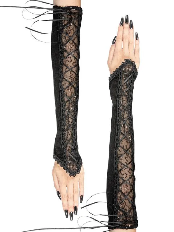 Black Velvet Gala Gloves With Sparkling Mesh Insert And Satin Ribbons