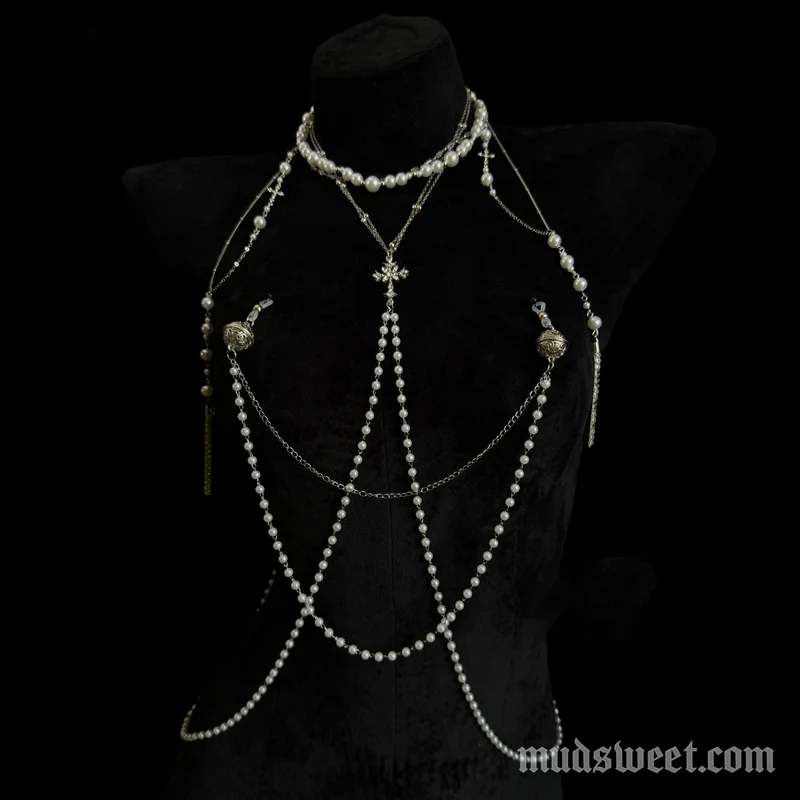 Gotische kralen metalen ketting belvormige bodyketting