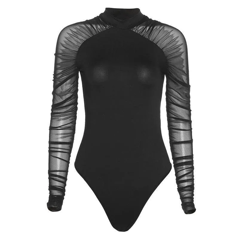 Hoge hals mesh doorschijnend gerimpeld bodysuit y2k 90s Revival Techno Fashion