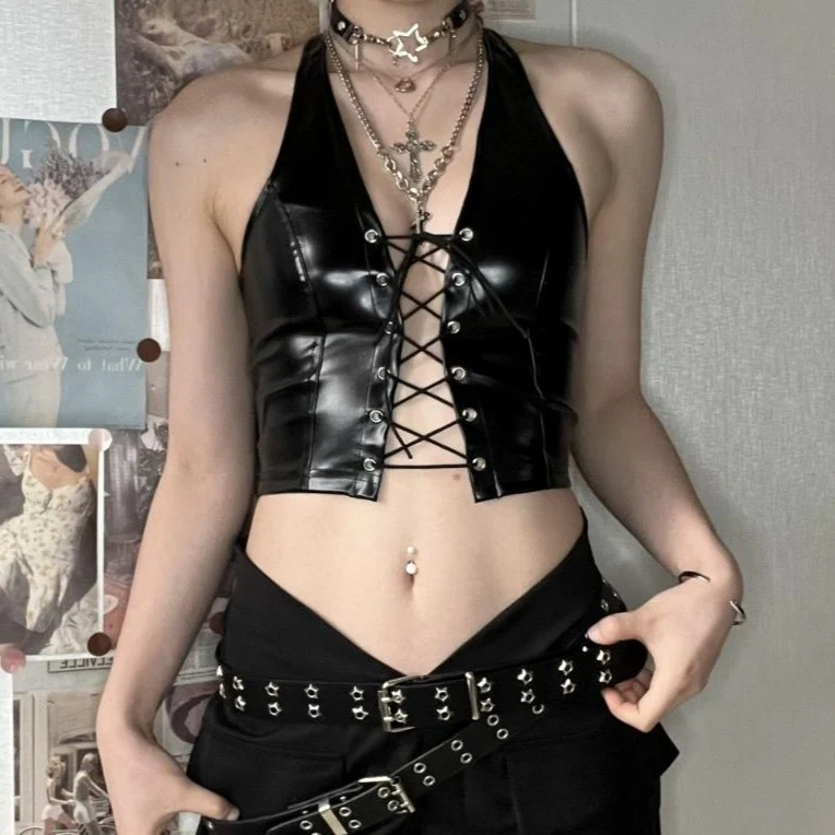 Vetersluiting halter top met open rug van PU, gothic alternatief Darkwave Fashion, gothic Emo Darkwave Fashion