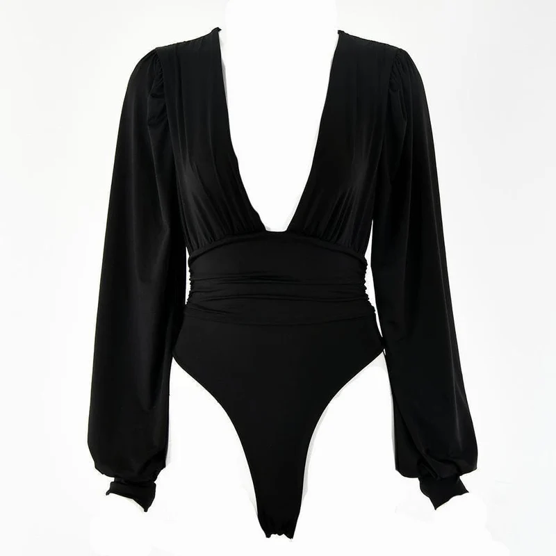 Dubbellaags diep V-hals gerimpeld effen bodysuit y2k 90s Revival Techno Fashion