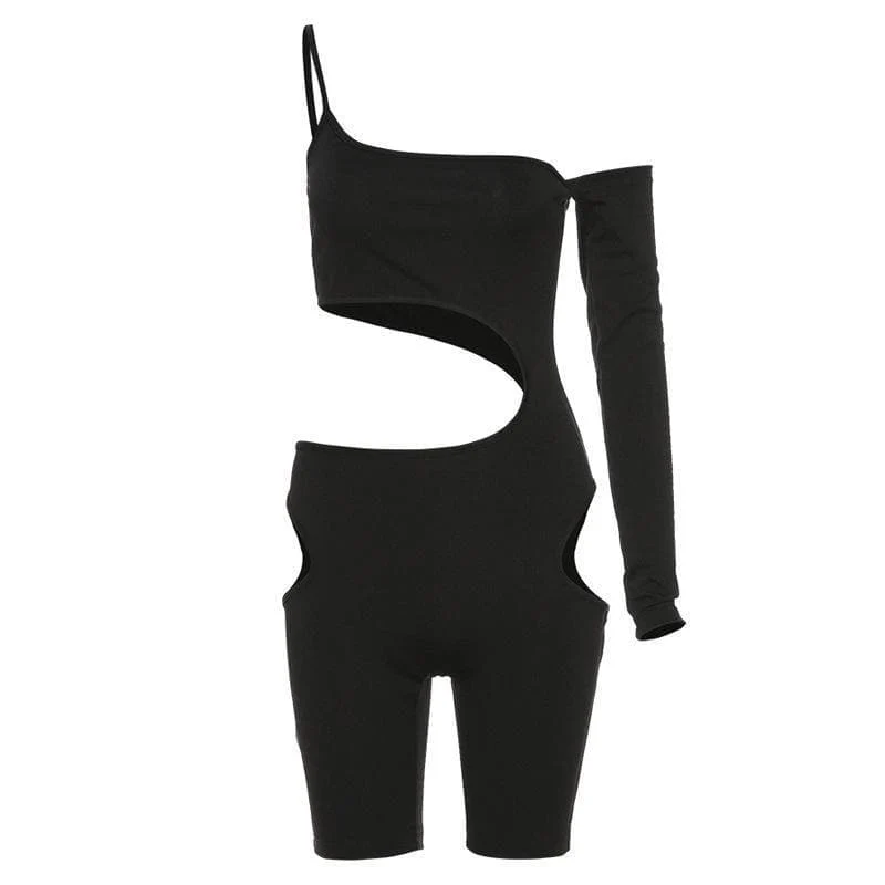 Gotische jumpsuit met één schouder, asymmetrische details en open details