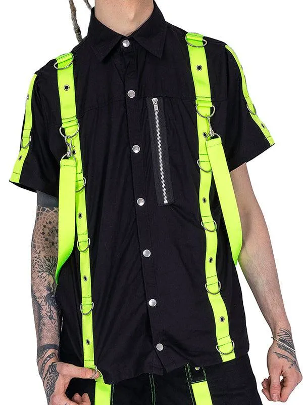 Cotton Neon Straps Top in Black and Green with Buttons and Zipper by Poizen Industries