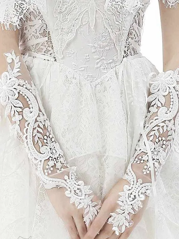 Elegant Classic Delicate Gloves with Lace and White Satin Ribbon - Timelessly Styled