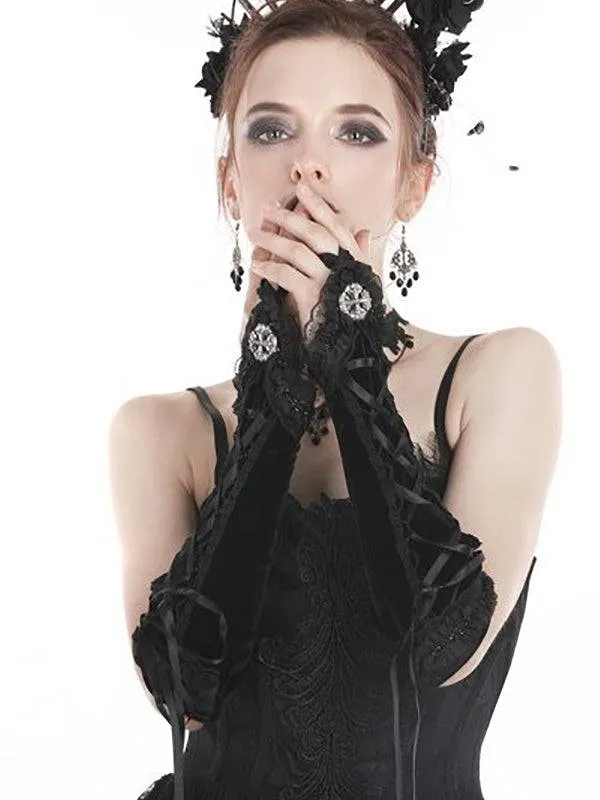 Elastic Velvet Gloves With Lace And Ruffles, Adorned With Celtic Jewelry Accents