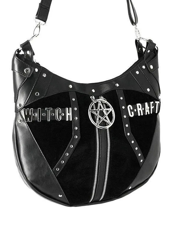 Gothic Witchcraft Handbag - Black Velvet with Pentagram and Adjustable Shoulder Strap