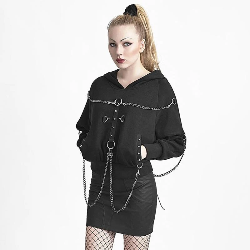 Punk hoodies voor dames met kruisvormige metalen ketting, zwart