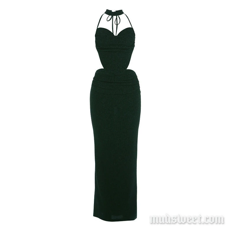 Halterrok met strikceintuur, V-hals en open rug, maxi-rok set