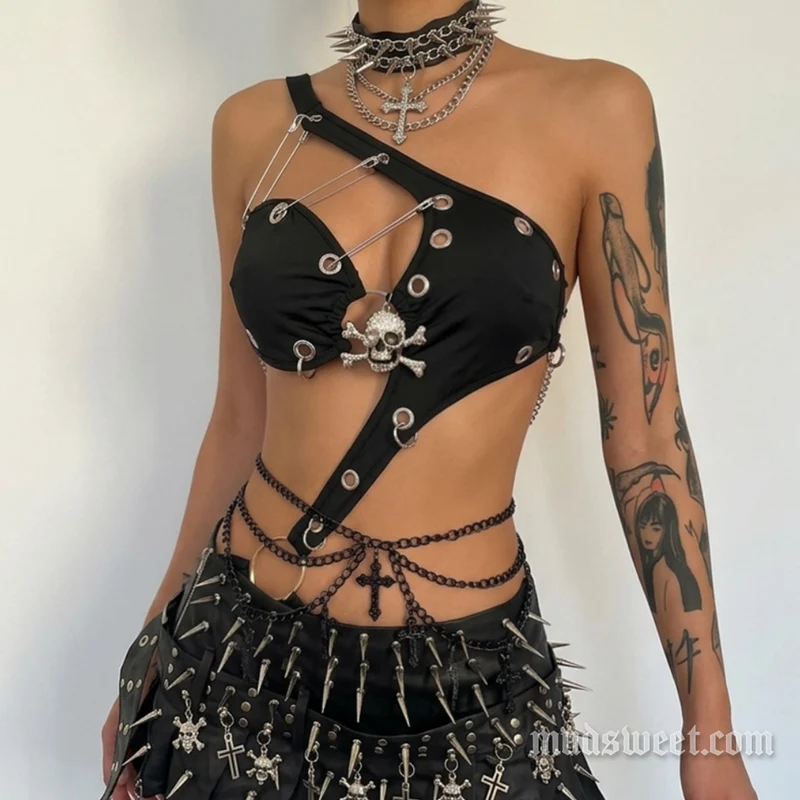 Goth bodysuit met onregelmatige, uitgeholde schedelapplicatie