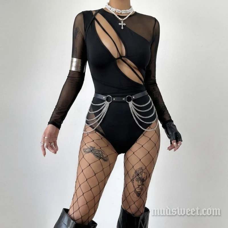 Goth hollow out crewneck mesh bodysuit