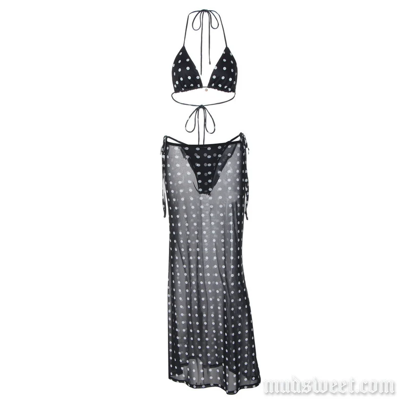 Goth polka dot halter mesh maxi skirt set