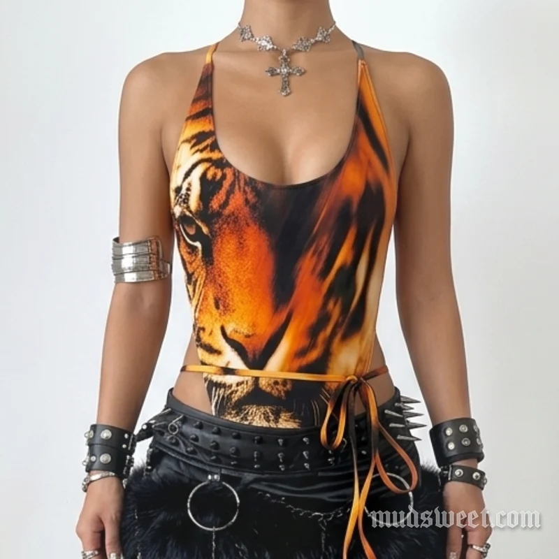 Cami-bodysuit met U-hals en open rug, met tijgerkopprint