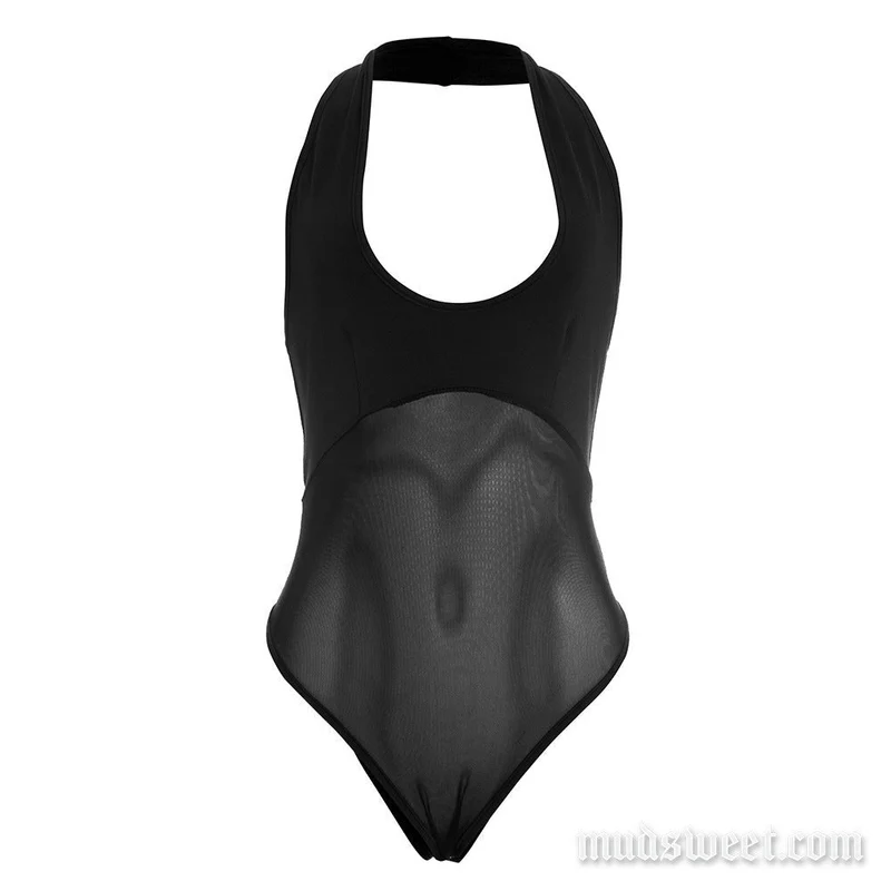 Halter bodysuit met U-hals, mesh en knoopjes, open rug