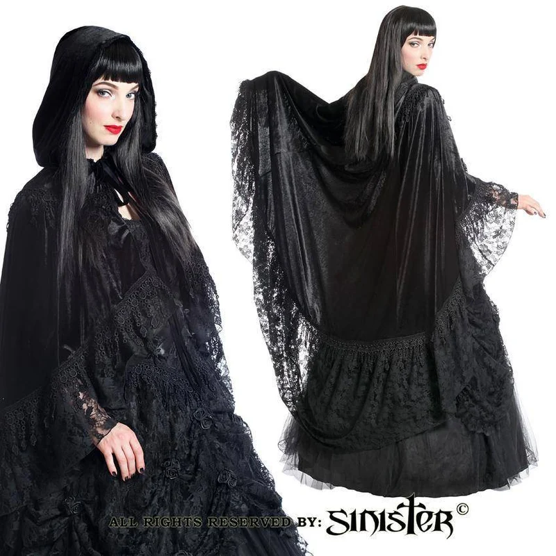Black Velvet Gothic Cape With Satin Hoodie Design - Sinister Clothing