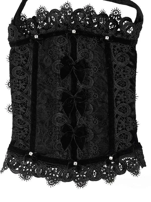 Black Velvet Tote Bag With Lace, Ribbons And Swarovski Crystals - 26x34 cm