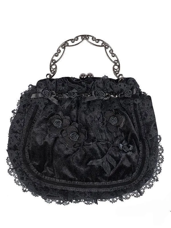 Black Velvet Handbag With Embroidered Roses & Crystal Accents - Melody Sinister