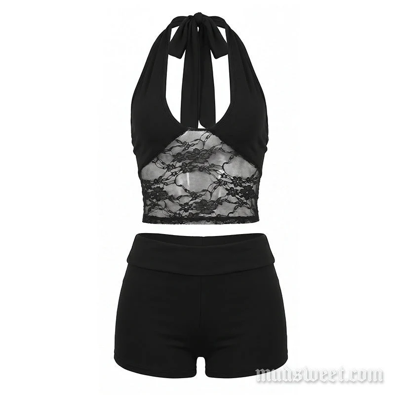 Fairycore lace u neck high rise pant set