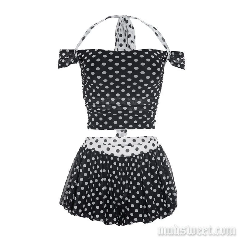 Polka dot haltertop met strikceintuur en off-shoulder broekset