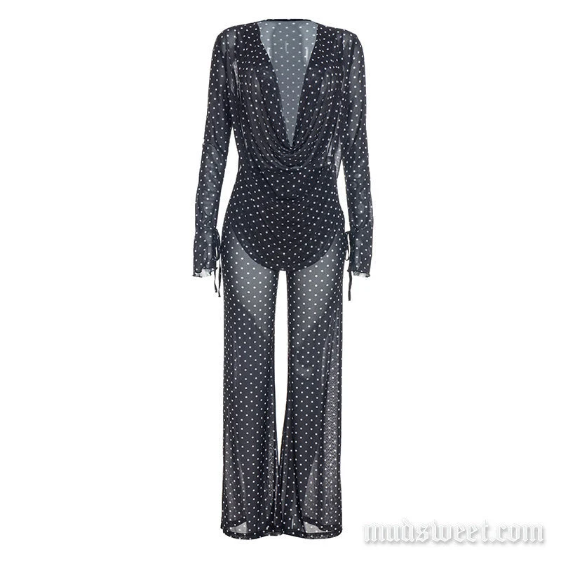 Goth colkraag broek met stippen en meshstof