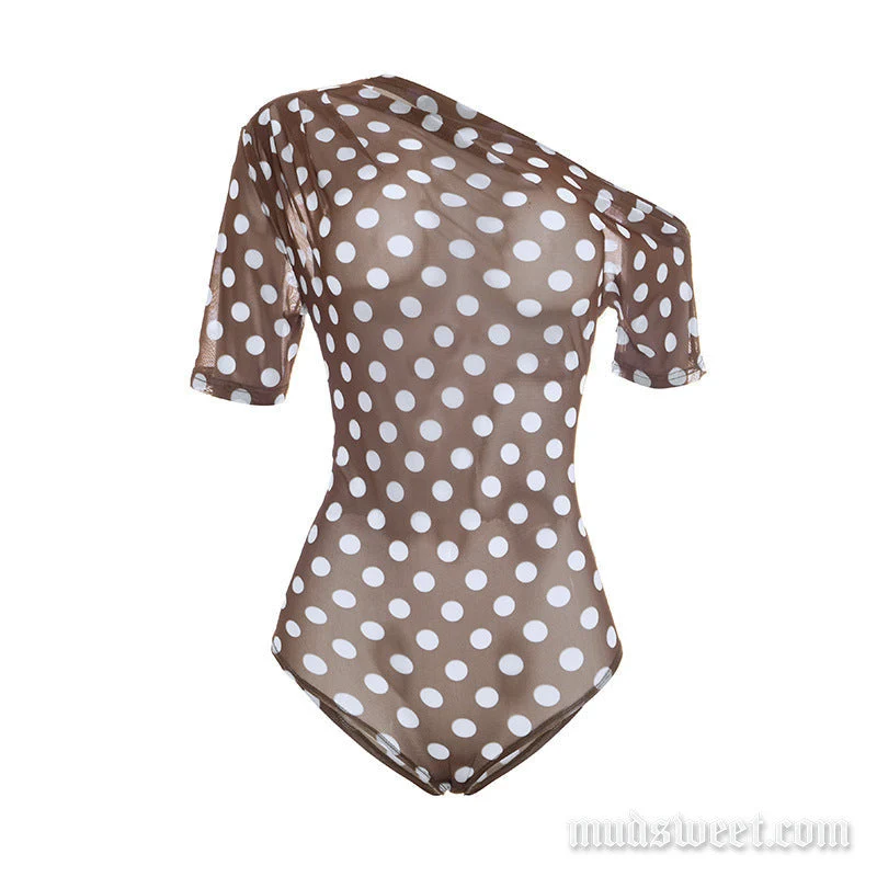 Bodysuit met korte mouwen, stippenpatroon en onregelmatige transparante meshstof