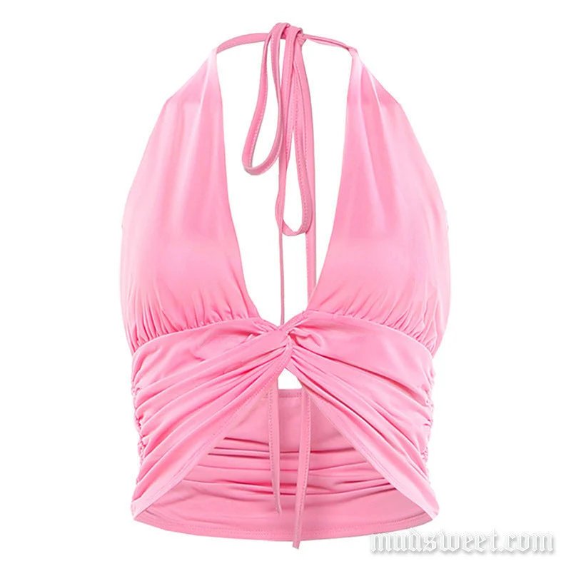 Gotische crop top met plooien aan de halternek en strikceintuur.