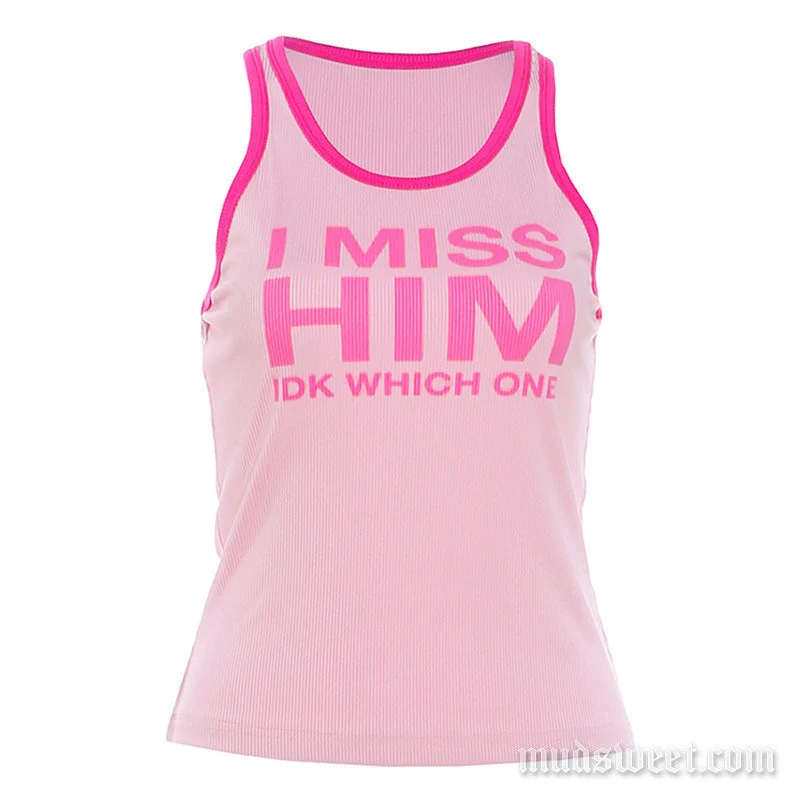 Geribbelde tanktop met ronde hals en letterprint