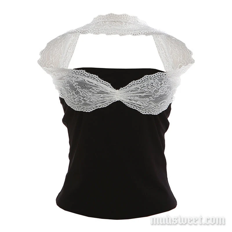Fairycore lace patchwork halter tube top