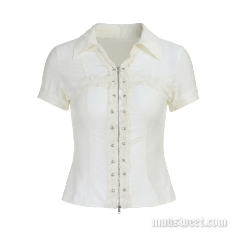 Grunge top met rits en omgeslagen kraag en korte mouwen