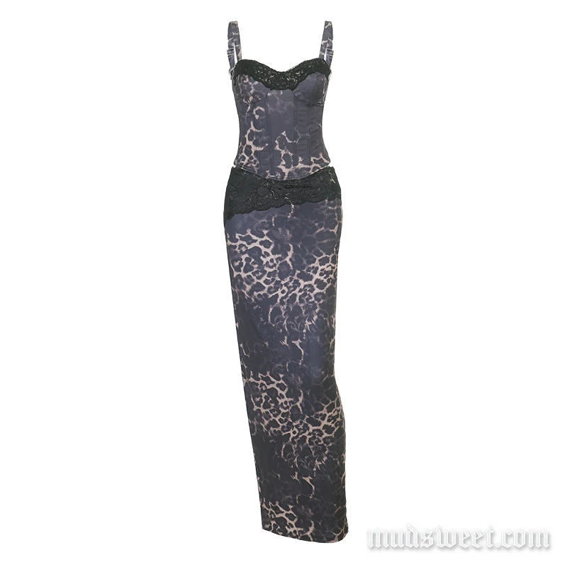 Maxi rok set met luipaardprint, kanten zoom en split, camisole