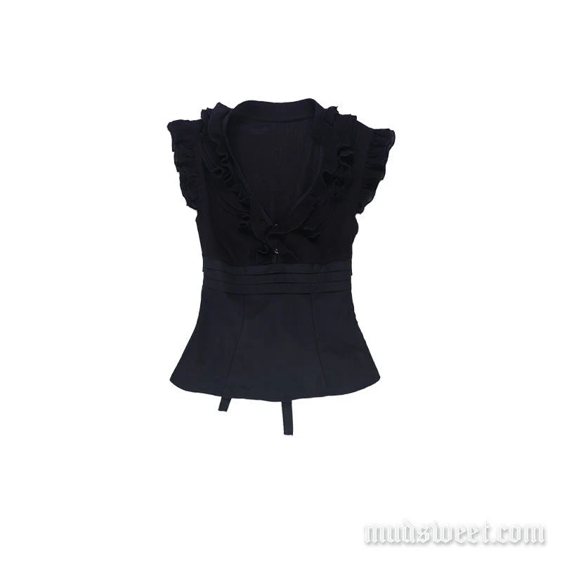 Fairycore ruffle v neck pleated self tie top