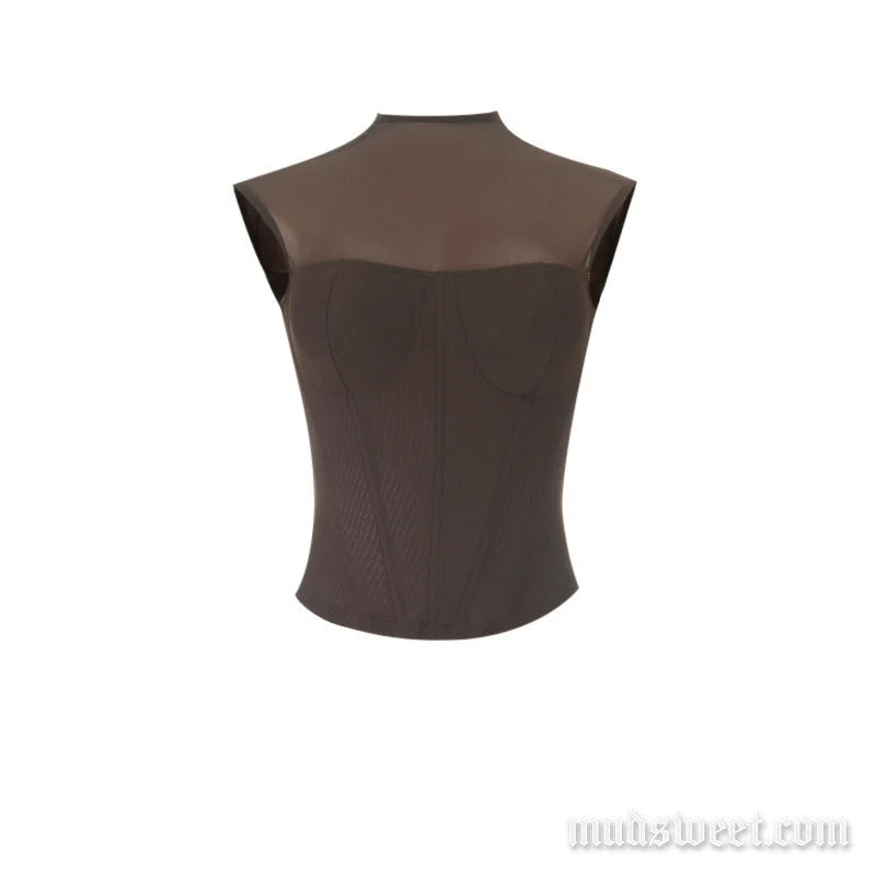 Goth mesh korset top met ritssluiting en ronde hals