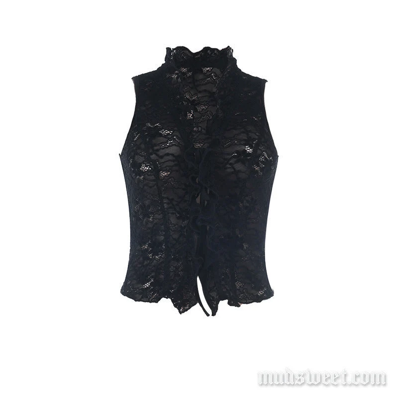Mouwloze crop top met kanten ruches, effen kleur