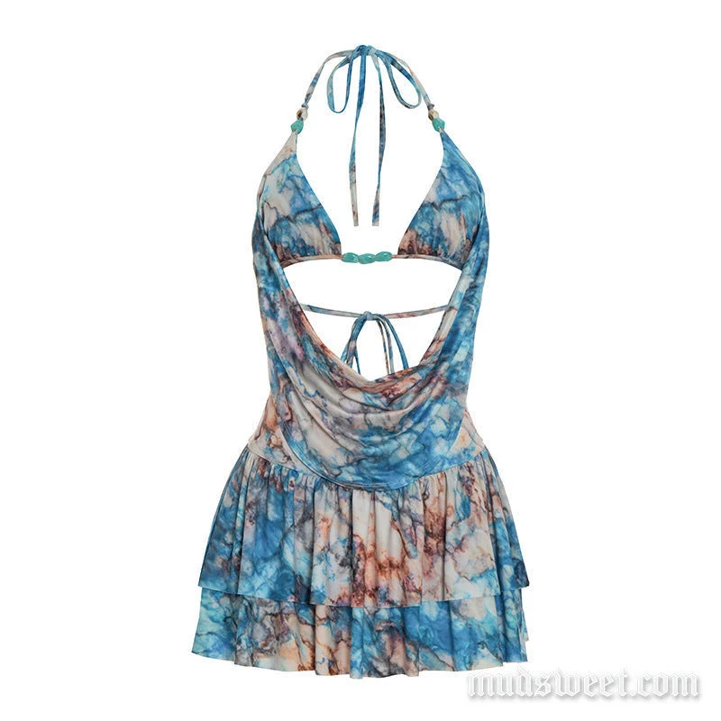 Y2K halter ruched print backless mini skirt set