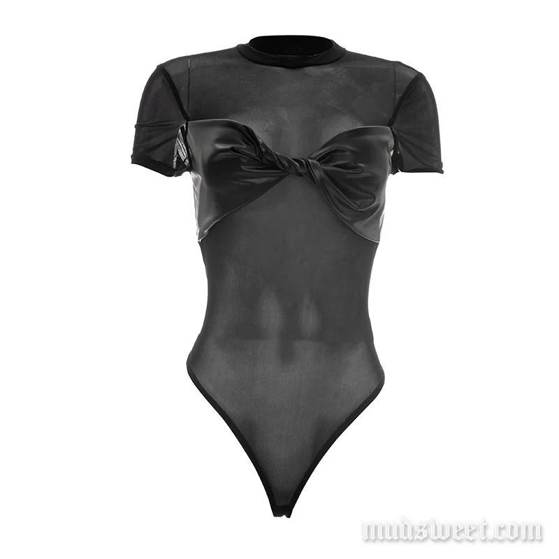 Bodysuit met ronde hals, korte mouwen en geplooide mesh